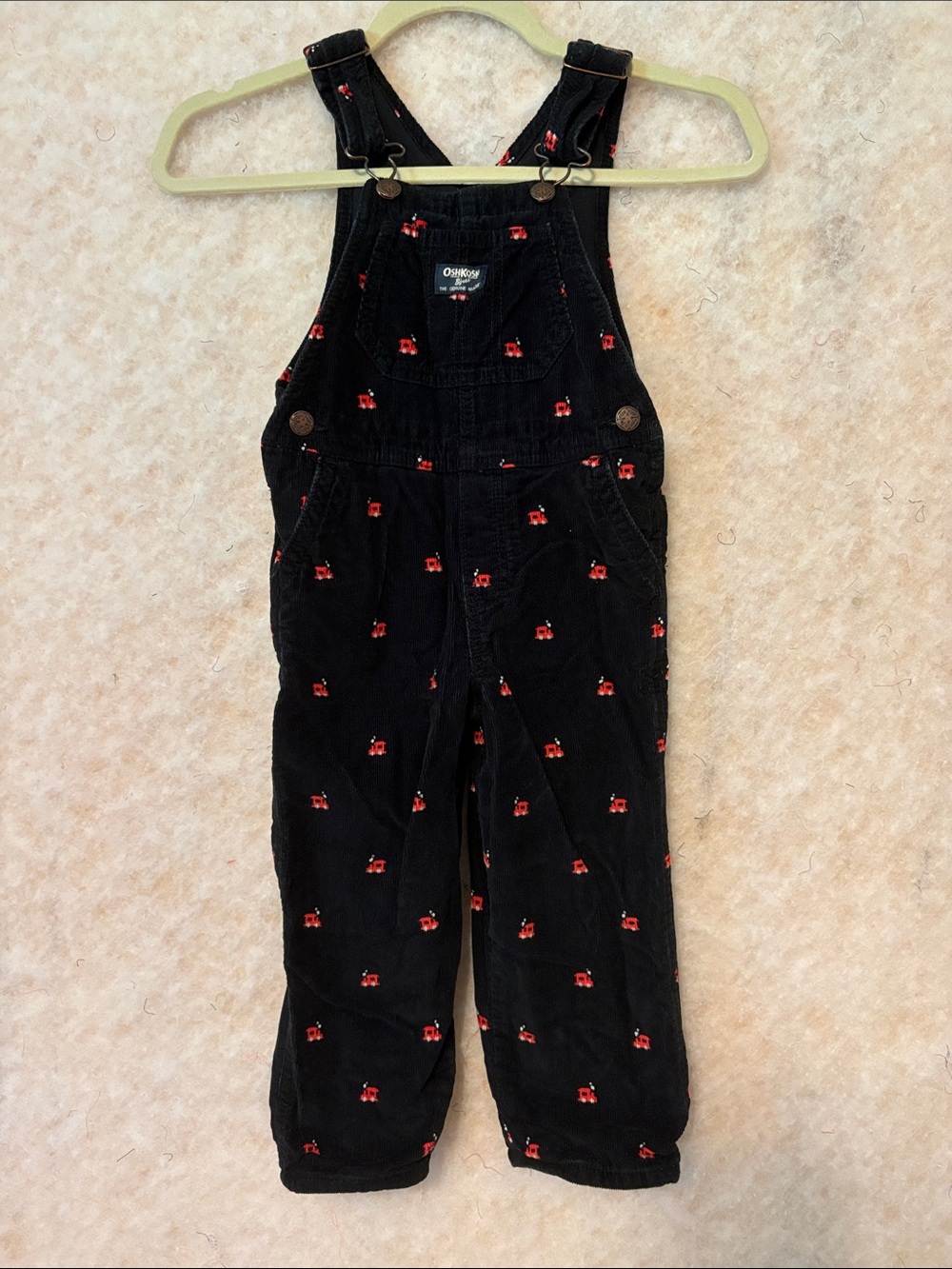 OshKosh B'gosh Black Corduroy Overalls with Red Car Motif - Kids